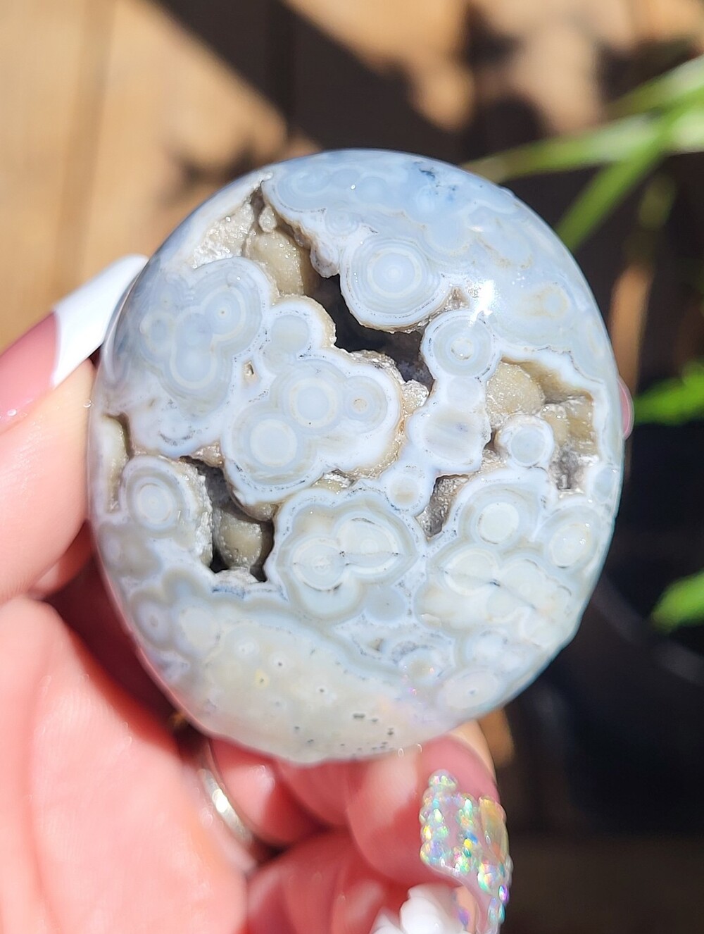 Blue Druzy Filled Ocean Jasper Palm Stone